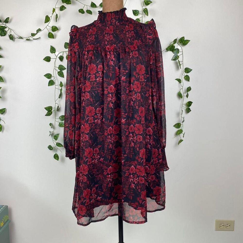 S Red black floral babydoll mini dress sheer puff long sleeve whimsigoth witchy